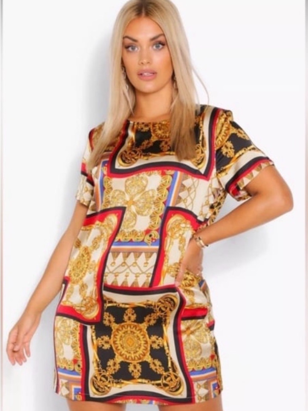 Boo-boo Baroque Print Short Sleeve Shift Dress - Black, Gold & Red